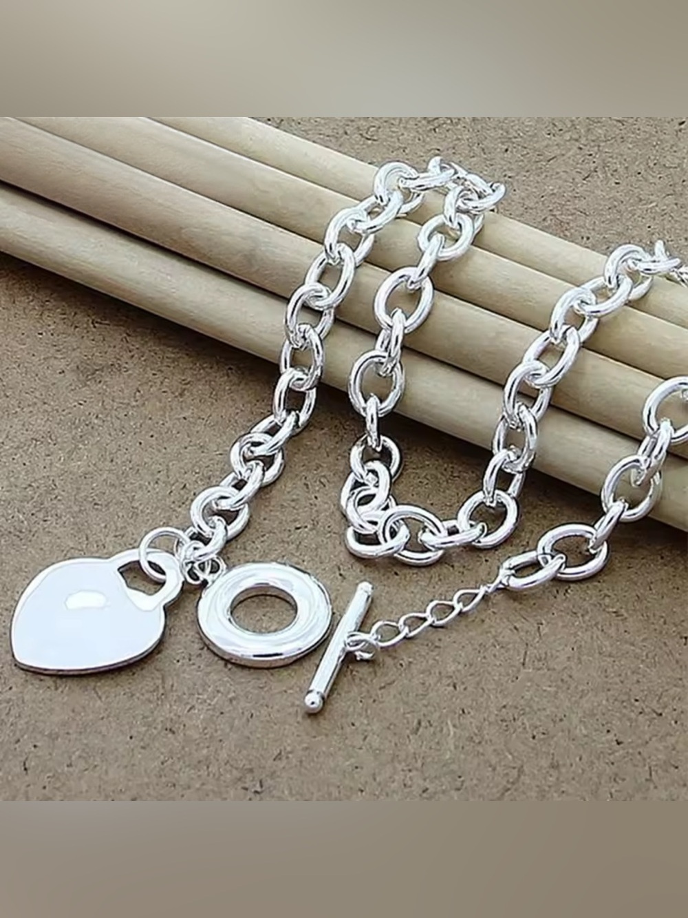 Silver Toggle Chain Necklace - Link Design Heart Charm!